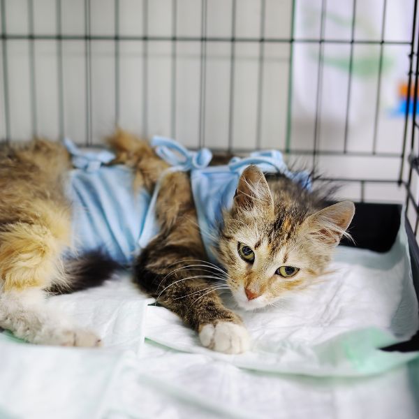 Cat after surgery wearing bandage in animal shelter