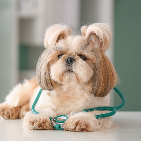 Dog wearing a stethoscope around its neck